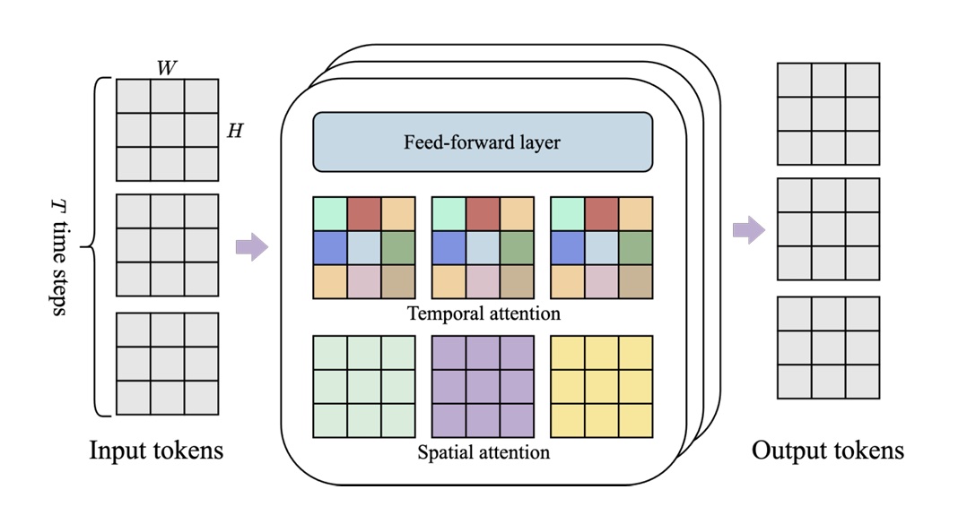 Spatiotemporal module used in the Genie model, with interleaved spatial and temporal attention layers. Each color represents a single self attention map: spatial layer attends all spatial locations over the image at one timepoint, temporal layer attends one spatial location over time. (Image source: Bruce, J., et al. 2024).